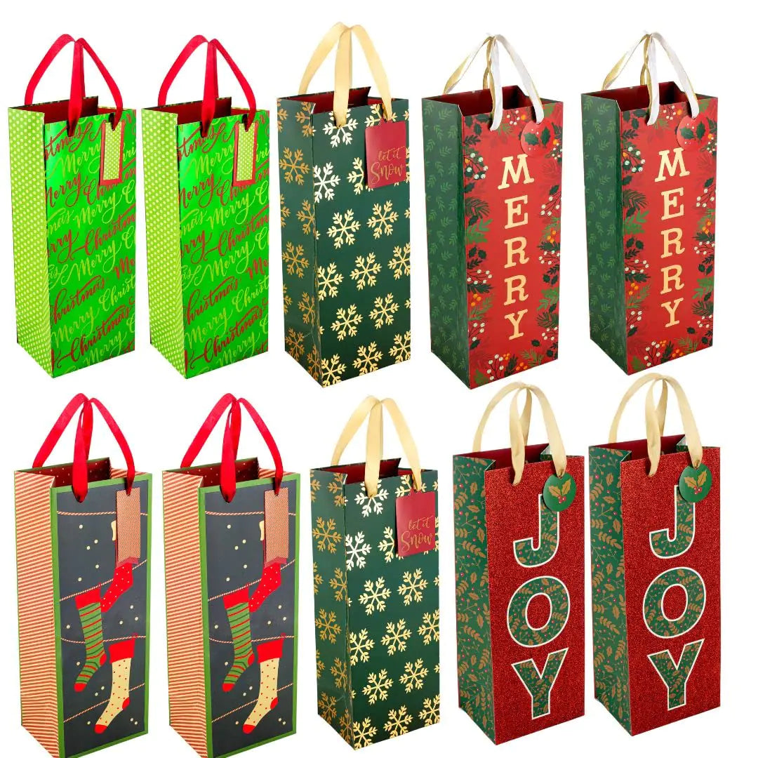Festive Christmas Wine Bottle Gift Bags 10pk with Tags