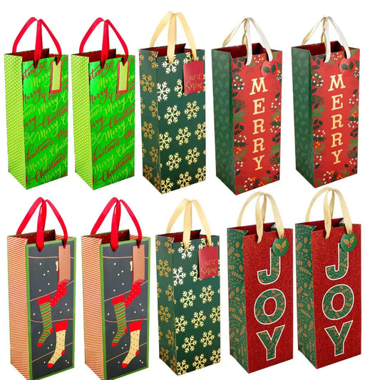 Festive Christmas Wine Bottle Gift Bags 10pk with Tags